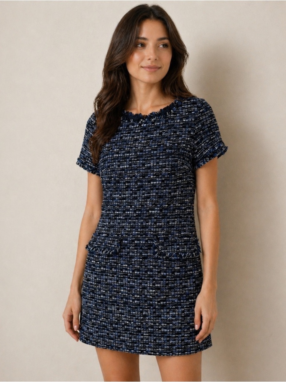 Banana Republic Tweed Dress Navy Blue Size 2 Faux Pocket Detail